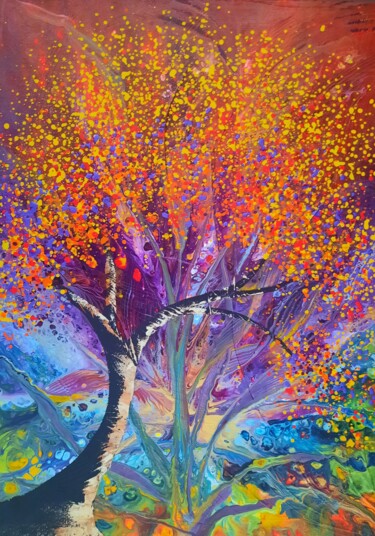 Painting titled "L'arbre joyeux" by Marie-Christine Maudet, Original Artwork, Acrylic Mounted on Wood Stretcher frame