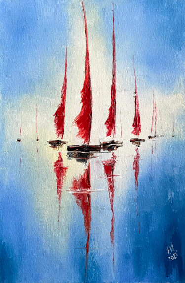 Red sails 11 绘画 标题为“Red sails 11” 由Volodymyr Nezdiimynoha, 原创艺术品, 油 安装在木质担架架上