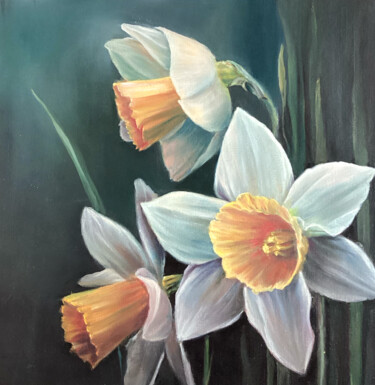 绘画 标题为“Three daffodils (de…” 由Tutsi Nellis, 原创艺术品, 油 安装在木质担架架上