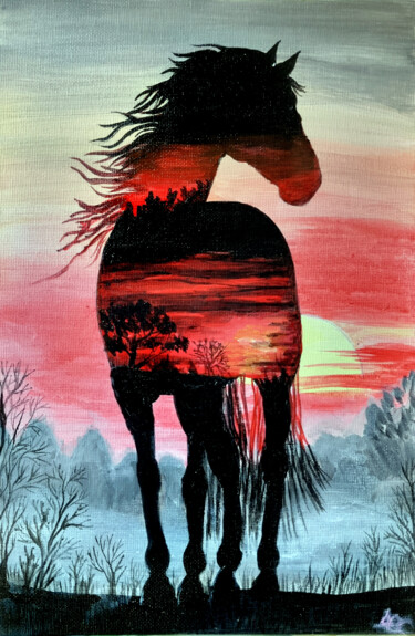 绘画 标题为“Horse Silhouette at…” 由Olga Dar, 原创艺术品, 丙烯