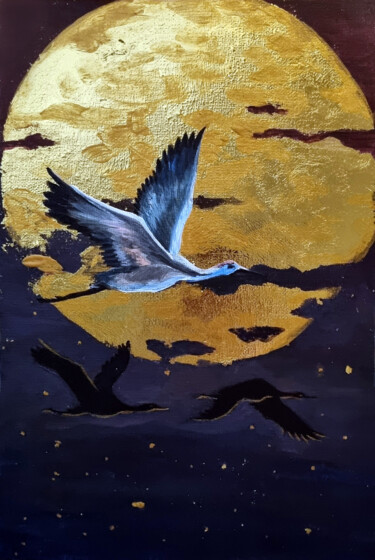Cranes Flying at Night Golden Moon Painting 绘画 标题为“Cranes Flying at Ni…” 由Olga Dar, 原创艺术品, 丙烯