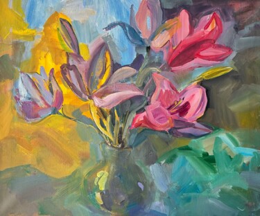 绘画 标题为“Lilies on yellow.” 由Sofia Bondar, 原创艺术品, 丙烯