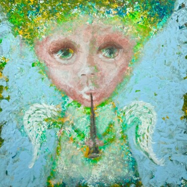 Little angel with Flute 绘画 标题为“Little angel with F…” 由Tatiana Belchenko, 原创艺术品, 丙烯 安装在木质担架架上
