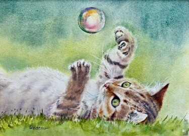绘画 标题为“Kitten with a soap…” 由Yuliya Ozdemir, 原创艺术品, 水彩