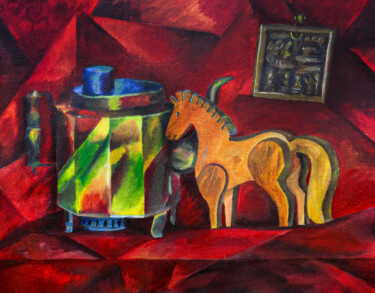 Wooden horse on a red background 绘画 标题为“Wooden horse on a r…” 由Natalia Ima, 原创艺术品, 油