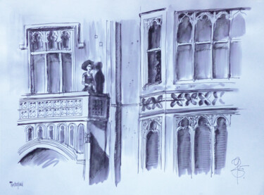 Drawing titled "Balkongespräch." by Götz Wiedenroth, Original Artwork, Ink