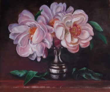 Peonies in a Silver Vase, Classical Elegance 绘画 标题为“Peonies in a Silver…” 由Larisa Sidorova (Alsi), 原创艺术品, 油 安装在其他刚性面板上