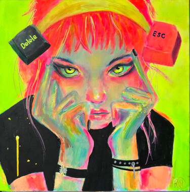 DEL/ESC - Cyber Neon Female Glitch Portrait 绘画 标题为“DEL/ESC - Cyber Neo…” 由Rimma Mantika, 原创艺术品, 丙烯 安装在木质担架架上