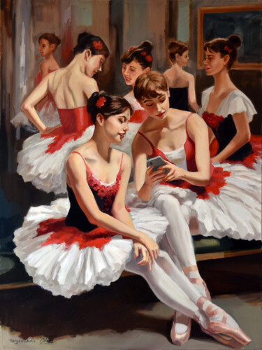 Thinking about Degas: During the break at the ballet school 绘画 标题为“Thinking about Dega…” 由Serghei Ghetiu, 原创艺术品, 油 安装在木质担架架上