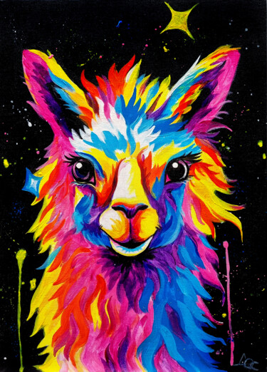 Smiling Rainbow Alpaca Pop Art Painting 绘画 标题为“Smiling Rainbow Alp…” 由Olga Dar, 原创艺术品, 丙烯