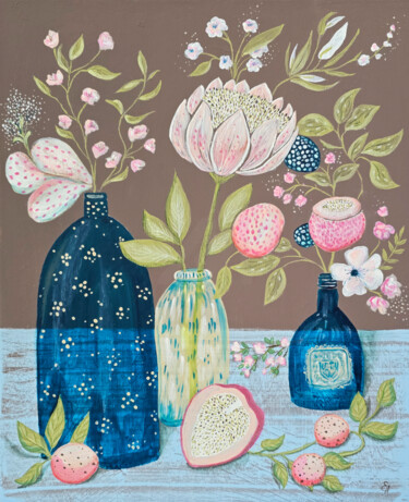 Blue bottle flower still life primitive art mixed media Pain 绘画 标题为“Blue bottle flower…” 由Elaina Arty, 原创艺术品, 丙烯 安装在木质担架架上