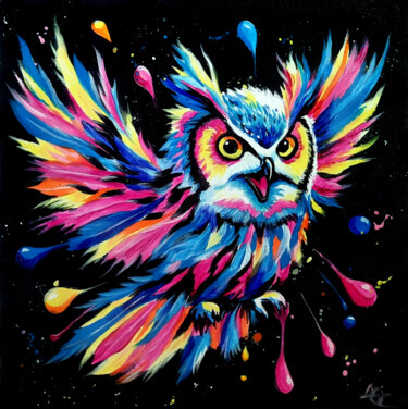 Colorful Neon Owl Acrylic Pop Art 绘画 标题为“Colorful Neon Owl A…” 由Olga Dar, 原创艺术品, 丙烯