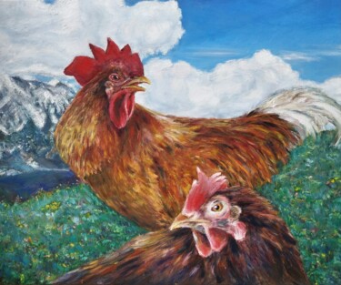 Hen And Rooster In Tyrol - animal art 绘画 标题为“Hen And Rooster In…” 由Jura Kuba, 原创艺术品, 油 安装在木质担架架上
