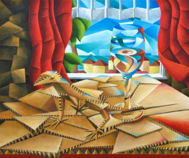 Painting titled "The Gecko And A Hal…" by Malcolm Tait, Original Artwork, Acrylic Mounted on Wood Stretcher frame