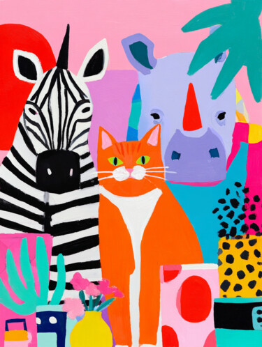 Selfie: Cat, Lion, Rhino 数字艺术 标题为“Selfie: Cat, Lion,…” 由Sasha Robinson, 原创艺术品, 数字油画