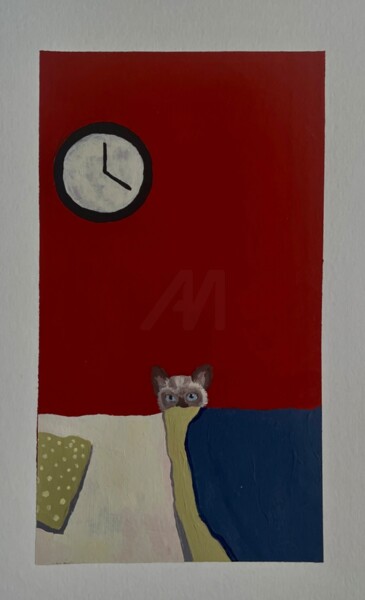 Cat portrait on the red wall poster for interior 绘画 标题为“Cat portrait on the…” 由Мария Иванова (Volterbeat), 原创艺术品, 丙烯