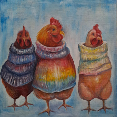 Chickens in Colorful Cozy Sweaters 绘画 标题为“Chickens in Colorfu…” 由Yerkezhan Kamentayeva, 原创艺术品, 油