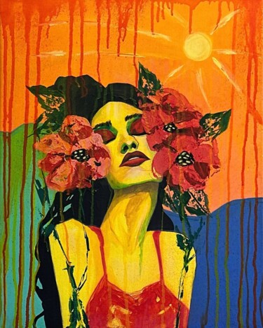 绘画 标题为“Girl in flowers on…” 由Lucy Nosfy, 原创艺术品, 丙烯 安装在木板上