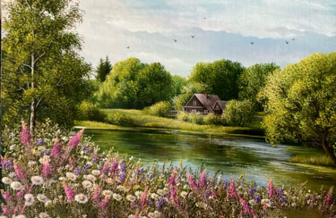 Painting titled "Serene Cottage by T…" by Nurgaliy Abdigaliyev, Original Artwork, Oil