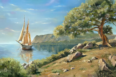 绘画 标题为“Serene Coastal Sail…” 由Nurgaliy Abdigaliyev, 原创艺术品, 油