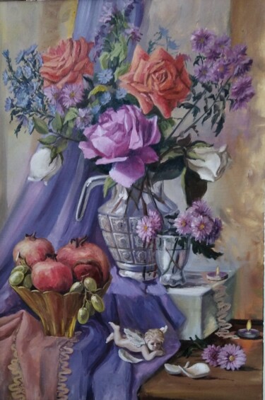 绘画 标题为“Violet still life” 由Olga Sunchali, 原创艺术品, 油 安装在木质担架架上