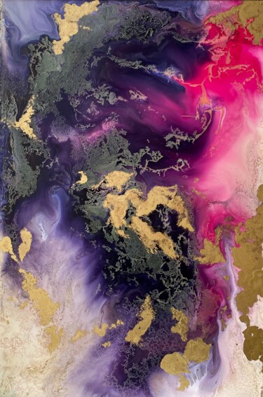 Pink and Purple Abstract Painting with Gold | Framed Art 40x 绘画 标题为“Pink and Purple Abs…” 由Mily Art, 原创艺术品, 丙烯 安装在其他刚性面板上