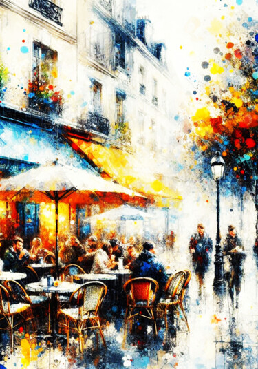 绘画 标题为“Straßencafé in Paris” 由Lee Eggstein, 原创艺术品, 数字打印 安装在木质担架架上