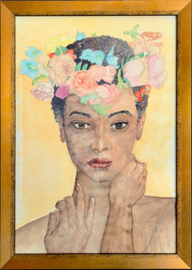 Peinture intitulée "Femme aux fleurs" par Mulhode, Œuvre d'art originale, Aquarelle Monté sur Panneau de bois