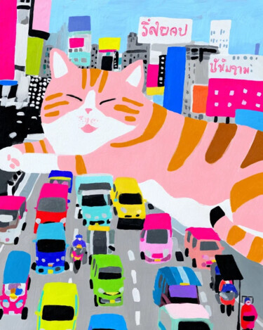 Giant Orange Cat in Bangkok 数字艺术 标题为“Giant Orange Cat in…” 由Sasha Robinson, 原创艺术品, 数字油画
