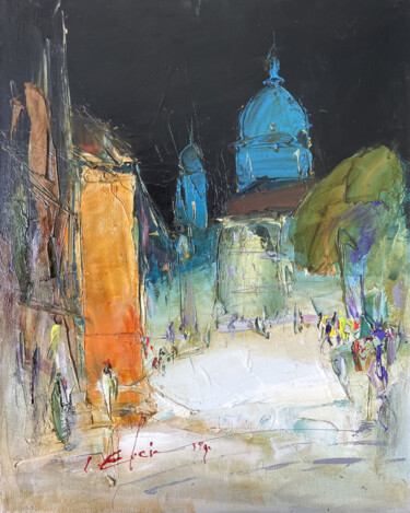 Impression of Dusk | Impasto Cityscape Art | "Rynok Square" 绘画 标题为“Impression of Dusk…” 由Ігор Євсін (Ihor Yevsin), 原创艺术品, 油 安装在木质担架架上