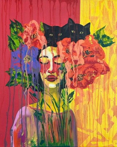 Girl with kittens in flowers 绘画 标题为“Girl with kittens i…” 由Lucy Nosfy, 原创艺术品, 丙烯 安装在木板上