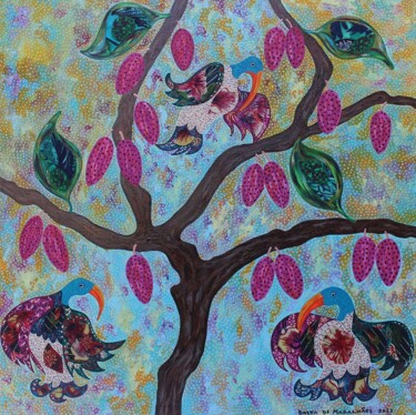 绘画 标题为“Pássaros e o pé de…” 由Dalva Magalhães, 原创艺术品, 丙烯 安装在木质担架架上