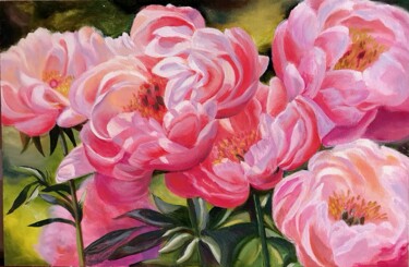 Pink Peonies in Full Bloom – Botanical Realism Art 绘画 标题为“Pink Peonies in Ful…” 由Larisa Sidorova (Alsi), 原创艺术品, 油 安装在其他刚性面板上
