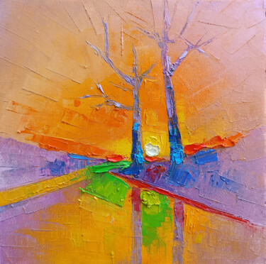 Painting titled "Two Trees at Dusk" by Narek, Original Artwork, Oil Mounted on Wood Stretcher frame