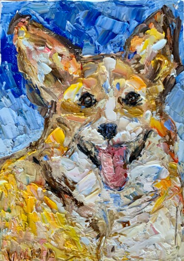 Corgi Dog Portrait Impasto Oil Painting On Canvas Board 绘画 标题为“Corgi Dog Portrait…” 由Vilma Gataveckiene, 原创艺术品, 油