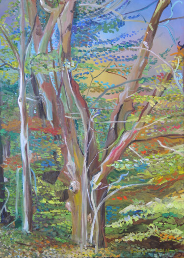 Painting titled "Tree 5." by Ruth Dubayová, Original Artwork, Oil Mounted on Wood Stretcher frame