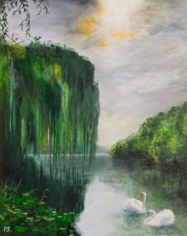绘画 标题为“Swans and willow” 由Phillip Scaife, 原创艺术品, 丙烯 安装在木质担架架上