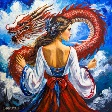 绘画 标题为“The red dragon” 由Irina Larina, 原创艺术品, 丙烯 安装在木质担架架上