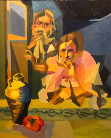 绘画 标题为“Mujeres a la ventana” 由Adrián M. Bazaga, 原创艺术品, 油 安装在木质担架架上