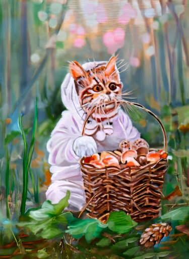 Curious Cat With Basket 绘画 标题为“Curious Cat With Ba…” 由Yerkezhan Kamentayeva, 原创艺术品, 油
