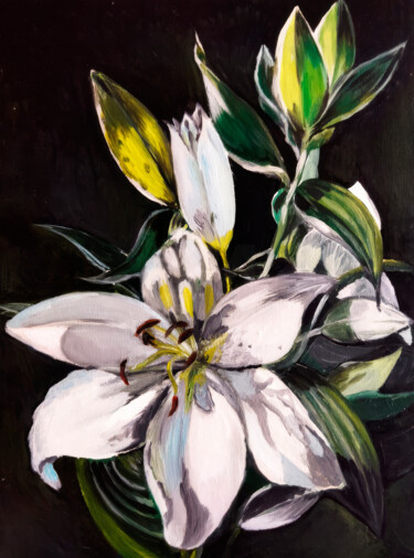 绘画 标题为“Elegant Lilies on B…” 由Nurgaliy Abdigaliyev, 原创艺术品, 油