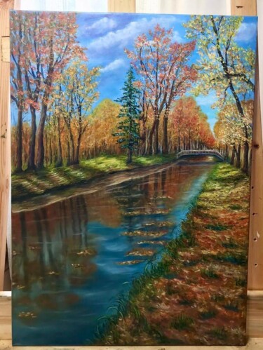 tranquil autumn scene by canal Painting titled "tranquil autumn sce…" by Nurgaliy Abdigaliyev, Original Artwork, Oil