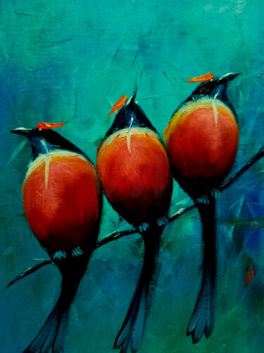 绘画 标题为“Three Birds on a Br…” 由Nurgaliy Abdigaliyev, 原创艺术品, 油