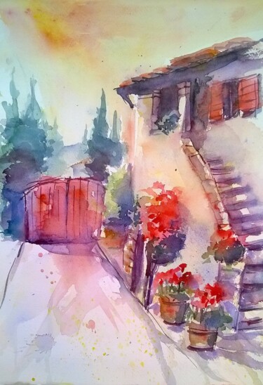 Painting titled "Chianti in red" by Sabine Blomqvist, Original Artwork, Watercolor