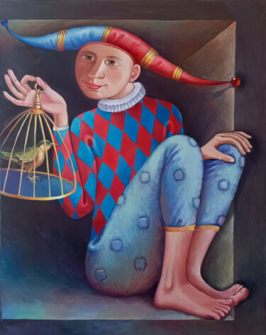 Jester Watching Caged Bird Playfully 绘画 标题为“Jester Watching Cag…” 由Nurgaliy Abdigaliyev, 原创艺术品, 油