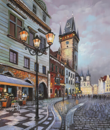 Evening Glow on Cobblestone Streets 绘画 标题为“Evening Glow on Cob…” 由Nurgaliy Abdigaliyev, 原创艺术品, 油