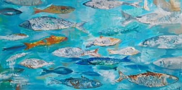 绘画 标题为“Fish in Azure Waters” 由Maria Simbirkina, 原创艺术品, 油 安装在木质担架架上