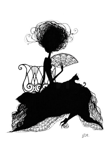 Lady with Fan & Cat 图画 标题为“Lady with Fan & Cat” 由Gisele Mar, 原创艺术品, 墨