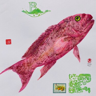 印花与版画 标题为“◊ GYOTAKU - Mérou c…” 由Kinda Nui, 原创艺术品, Linocuts