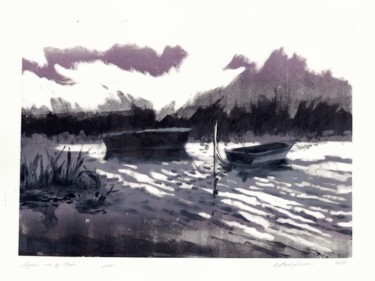 Printmaking titled "Boats on Lake Nero" by Olga Bezlepkina, Original Artwork, Monotype